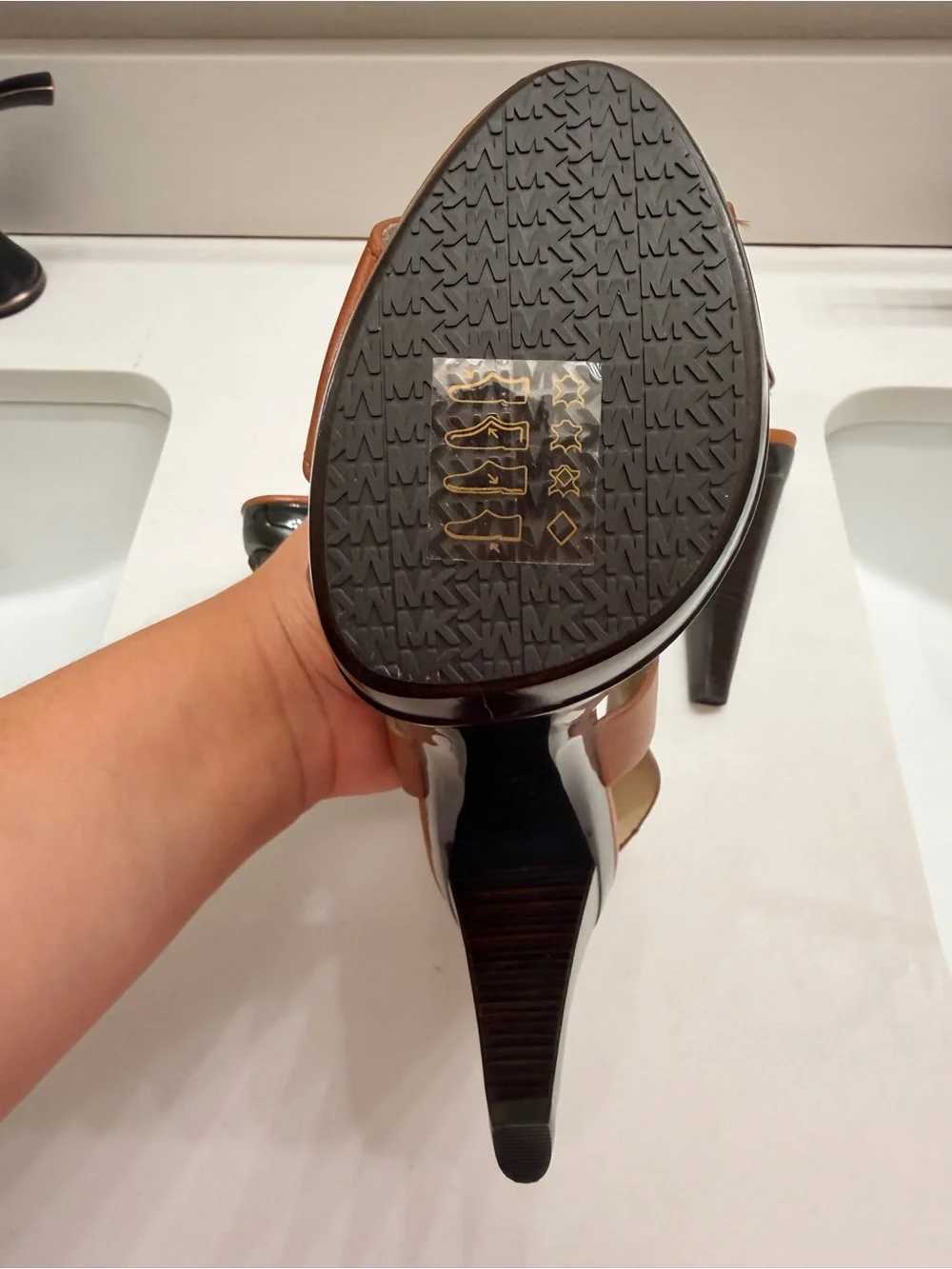 Michael Kors Cognac Leather Platform Open-Toe Heels with Cutouts